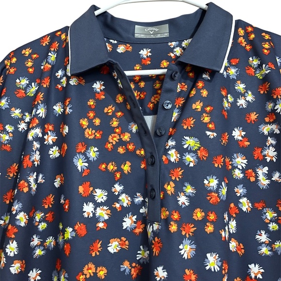 Callaway Blue Indigo Multi Floral Print Golf Shirt Sun Protection Fabric Sz- XL - Picture 2 of 9